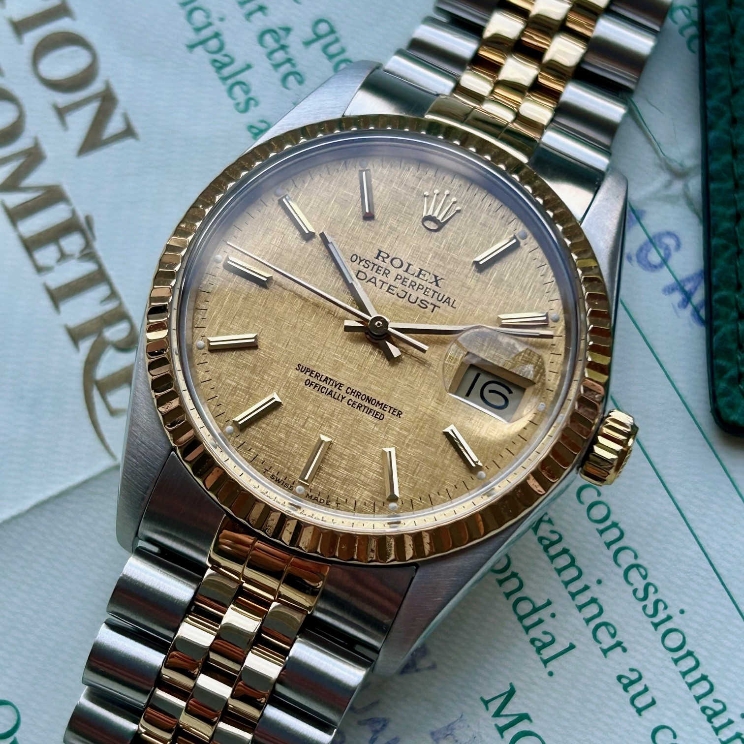 1988 Rolex Oyster Perpetual Datejust 18ct Yellow Gold & Stainless Steel 36mm Automatic Ref 16013 Linen Dial