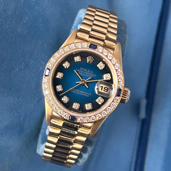 Rolex Lady Datejust 69088 18ct Gold, Blue Vignette Dial, Diamond Sapphire Bezel, Box & Papers