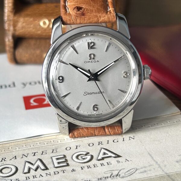 1956 Omega Seamaster Manual Wind Wristwatch Case Ref 238, Original Rare Pigskin Presentation Box & Guarantee