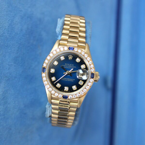 1998 Rolex Lady Datejust 69088 18ct Gold, Blue Vignette Dial, Diamond Sapphire Bezel, Box & Papers