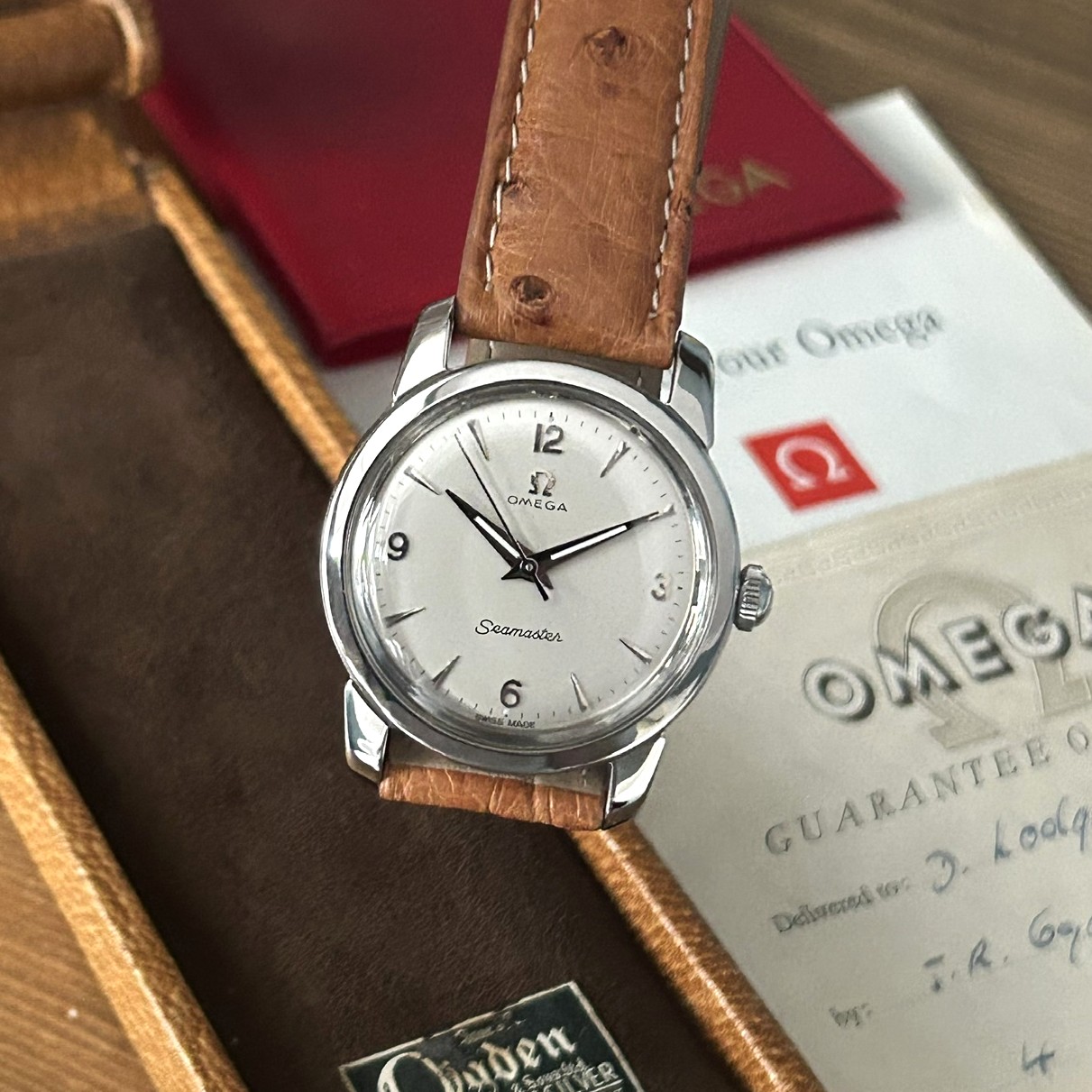 1956 Omega Seamaster Manual Wind Wristwatch Case Ref 238, Original Rare Pigskin Presentation Box & Guarantee - Image 10