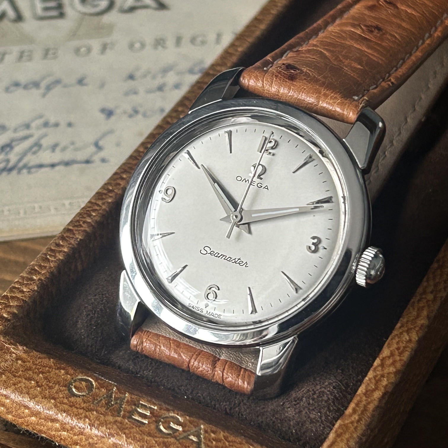 1956 Omega Seamaster Manual Wind Wristwatch Case Ref 238, Original Rare Pigskin Presentation Box & Guarantee - Image 13