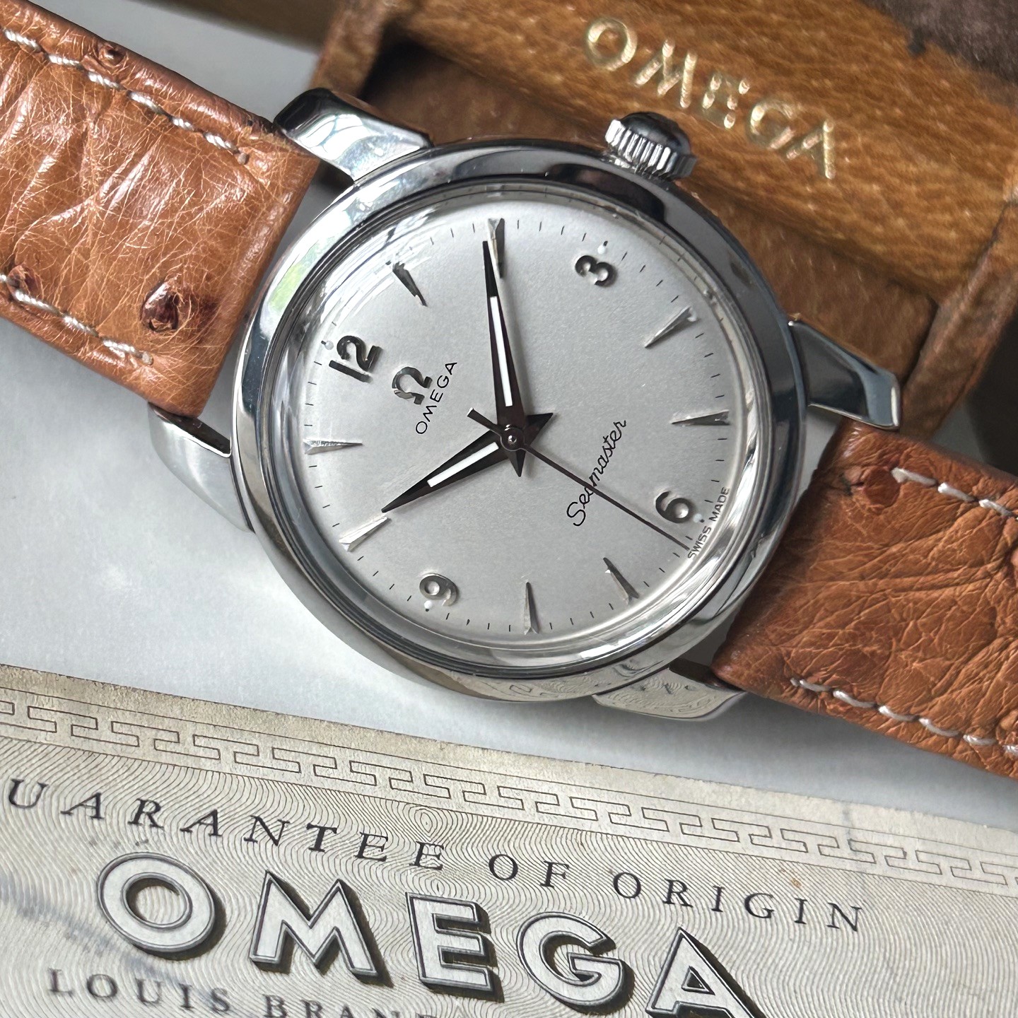 1956 Omega Seamaster Manual Wind Wristwatch Case Ref 238, Original Rare Pigskin Presentation Box & Guarantee - Image 15