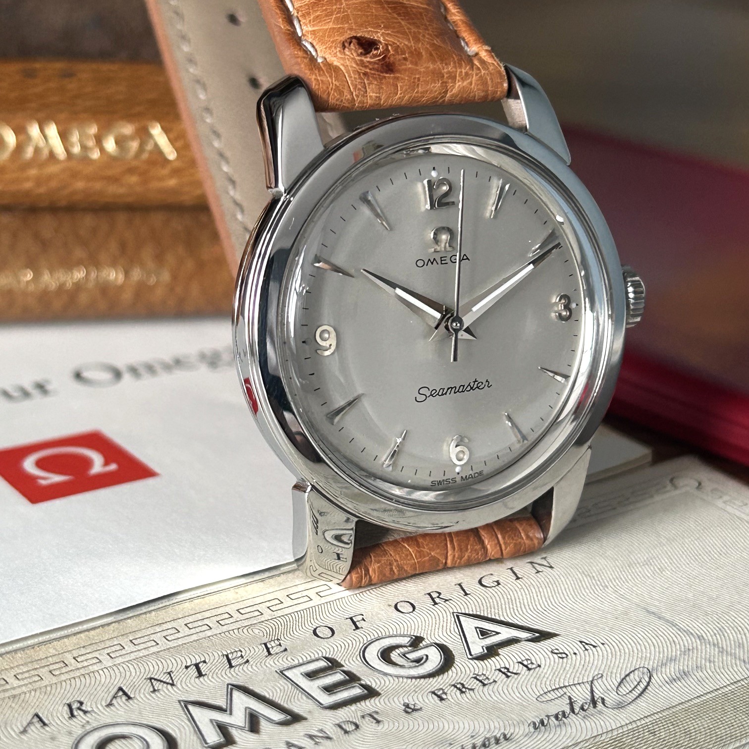 1956 Omega Seamaster Manual Wind Wristwatch Case Ref 238, Original Rare Pigskin Presentation Box & Guarantee - Image 2
