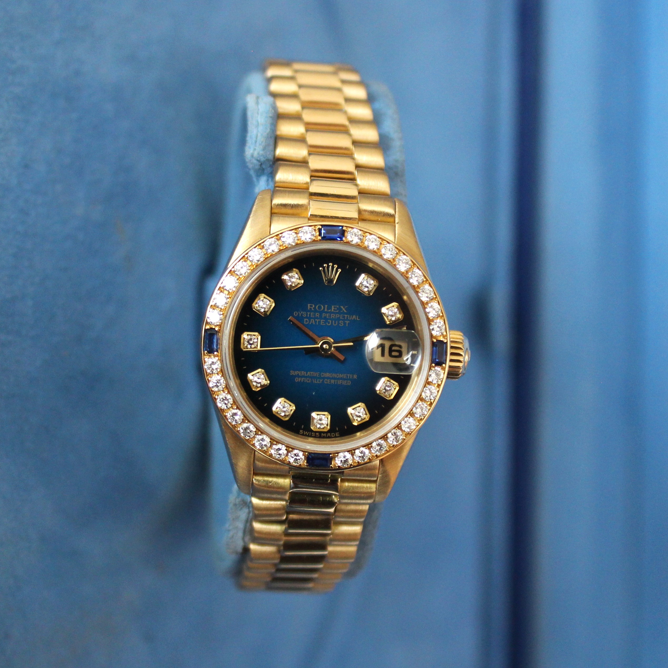 1998 Rolex Lady Datejust 69088 18ct Gold, Blue Vignette Dial, Diamond Sapphire Bezel, Box & Papers - Image 19