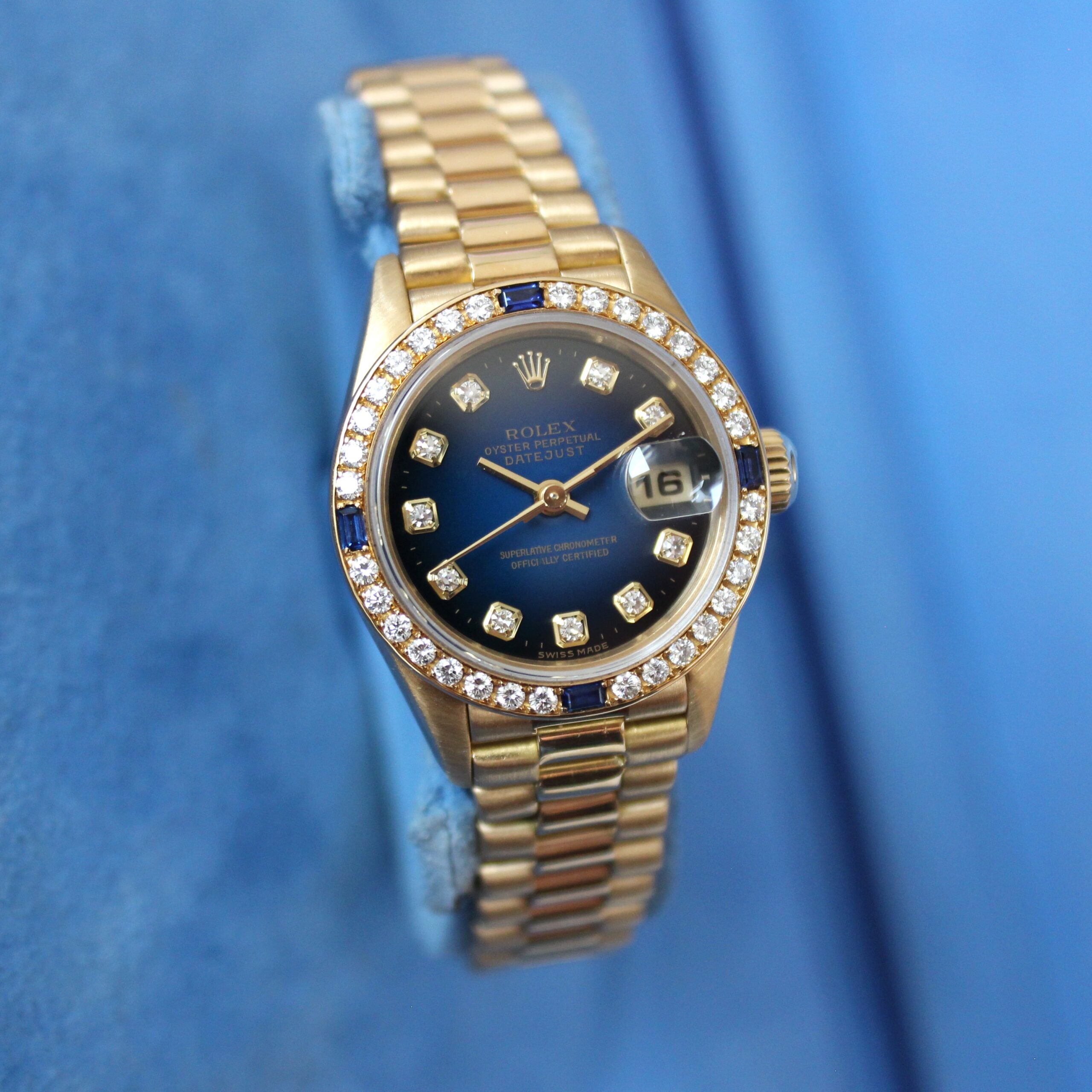 1998 Rolex Lady Datejust 69088 18ct Gold, Blue Vignette Dial, Diamond Sapphire Bezel, Box & Papers - Image 11