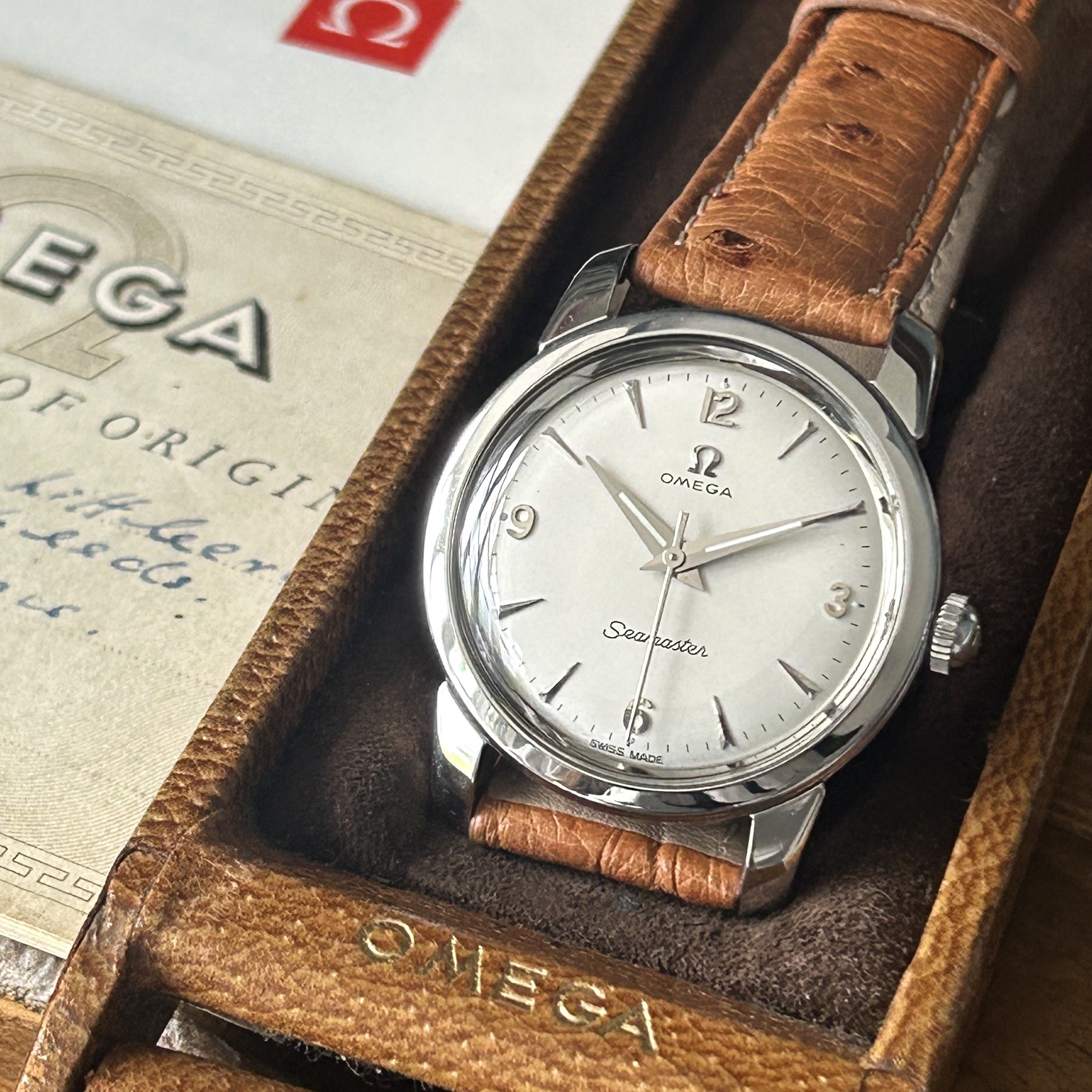 1956 Omega Seamaster Manual Wind Wristwatch Case Ref 238, Original Rare Pigskin Presentation Box & Guarantee - Image 4