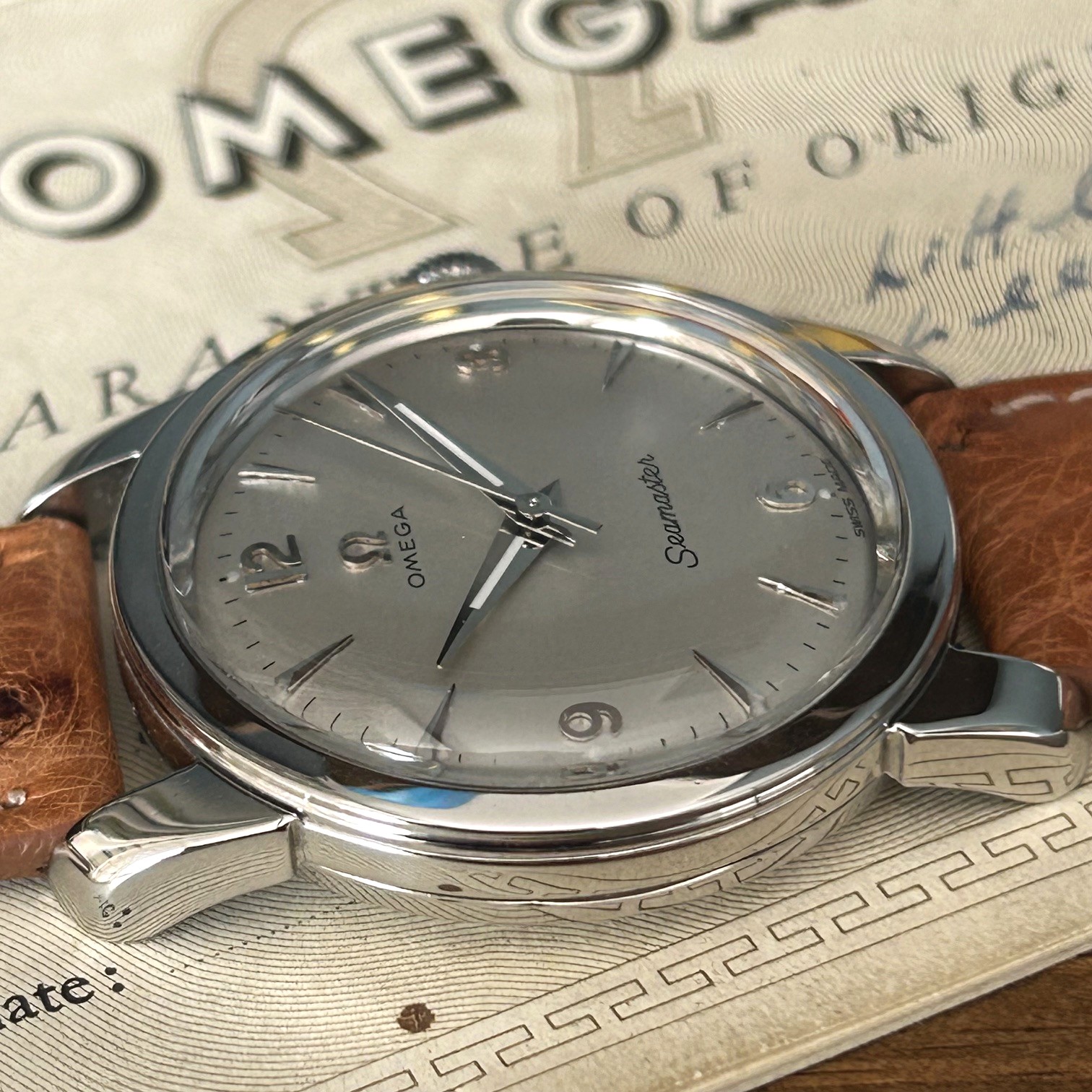 1956 Omega Seamaster Manual Wind Wristwatch Case Ref 238, Original Rare Pigskin Presentation Box & Guarantee - Image 7