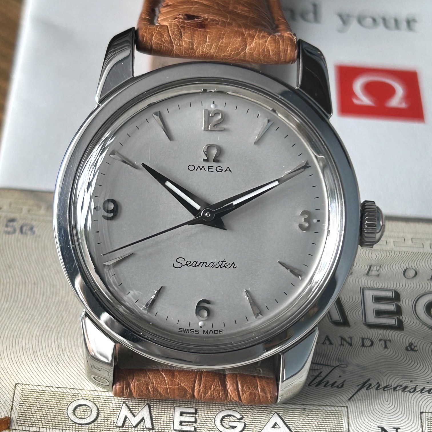 1956 Omega Seamaster Manual Wind Wristwatch Case Ref 238, Original Rare Pigskin Presentation Box & Guarantee - Image 8