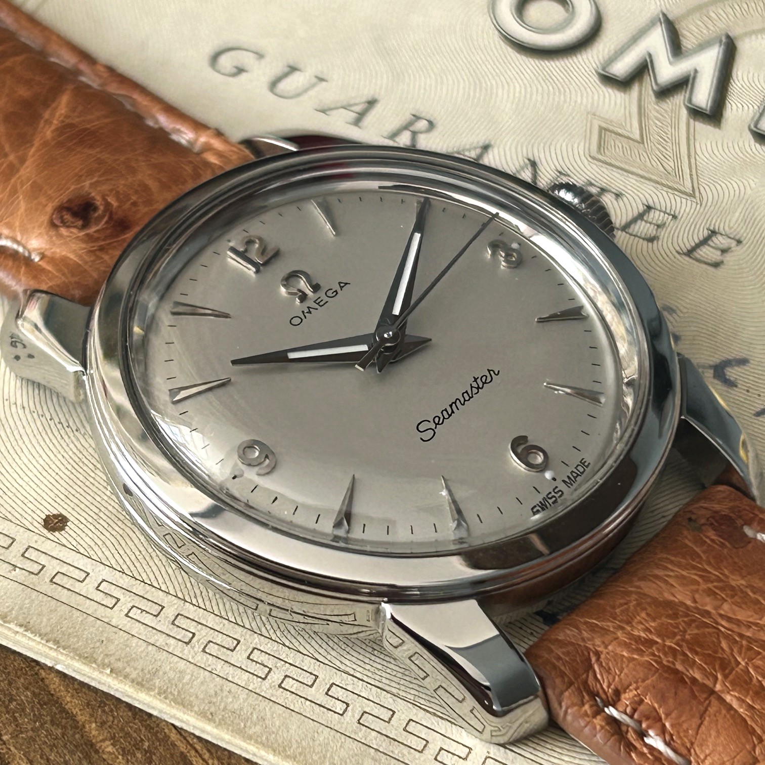 1956 Omega Seamaster Manual Wind Wristwatch Case Ref 238, Original Rare Pigskin Presentation Box & Guarantee - Image 9
